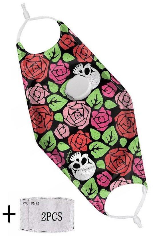 Respirator PM 2.5 Mask With Filter Pocket And 2 Filters (Rose And Skull Print) In Stock-Boughie Curves-Boughie