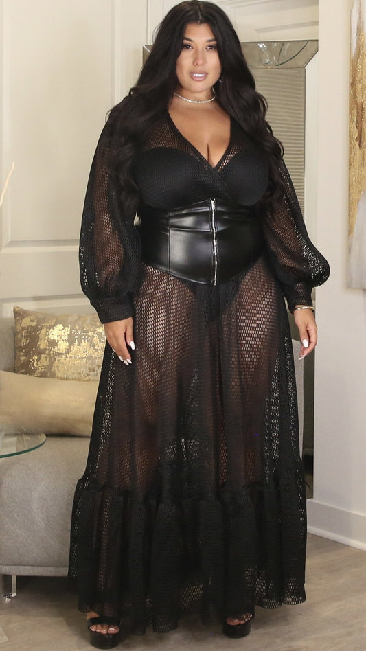 Seduction Sheer Maxi Dress W/Belt (Black)-Maxi Dresses-Boughie-3x-Boughie