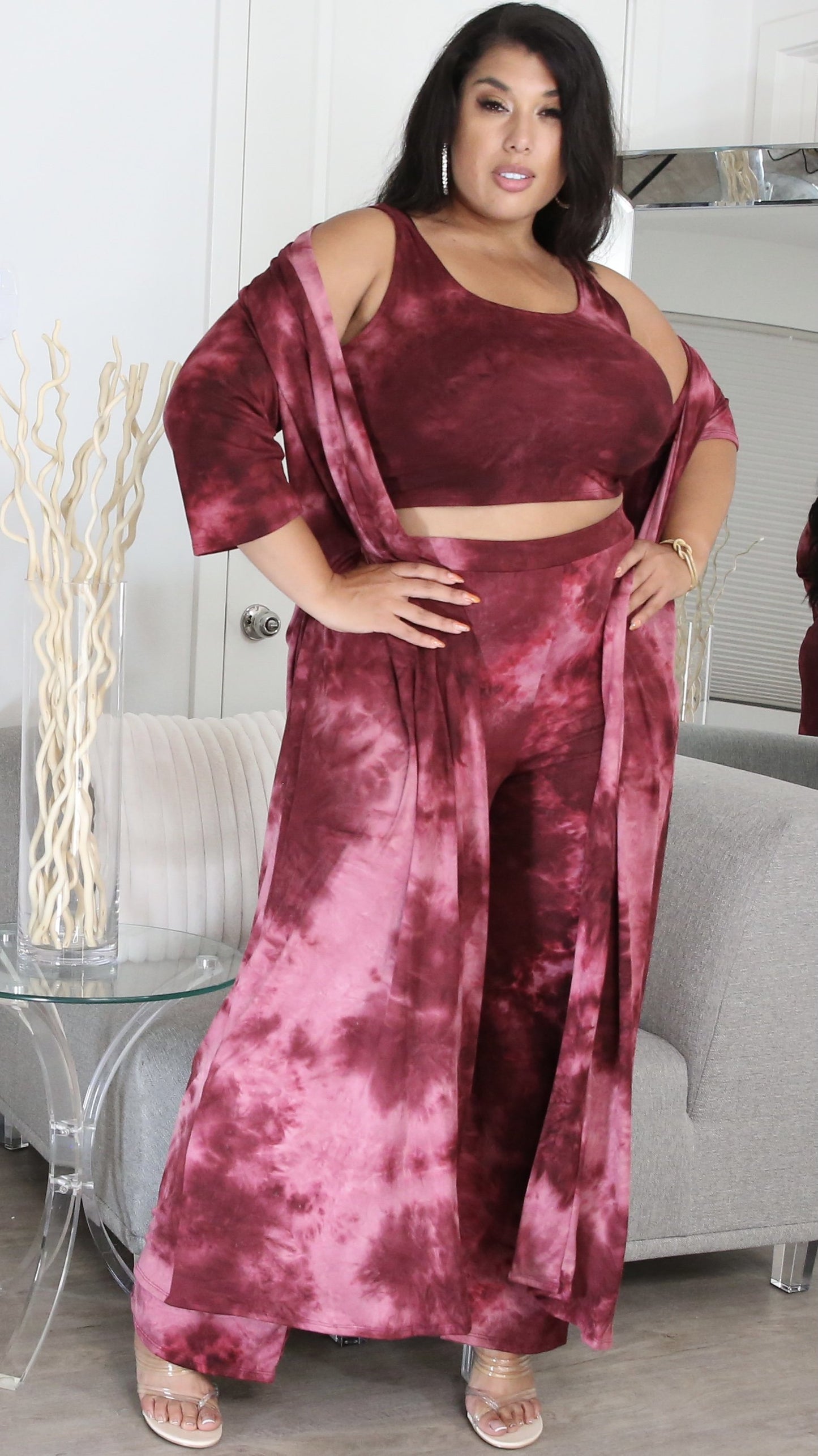 Cozy 3Pcs Pant Set (Wine Tie Dye)-Pant Sets-Boughie-Boughie