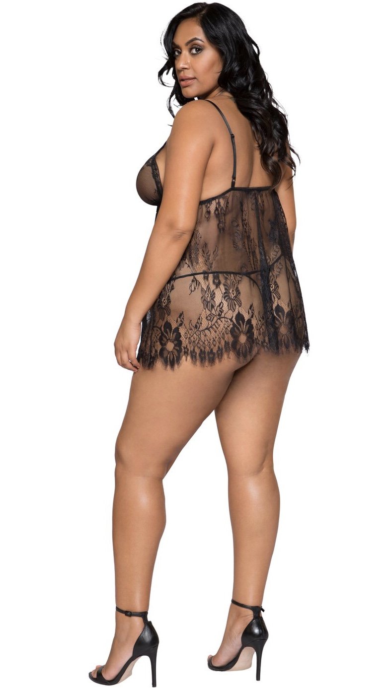 Elegant Eyelash Lace Babydoll With Panty (Black)-Lingerie-Boughie-Boughie