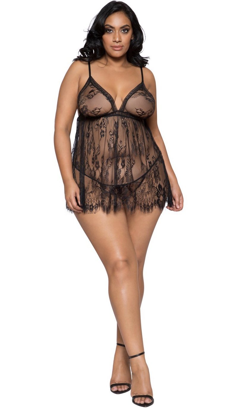 Elegant Eyelash Lace Babydoll With Panty (Black)-Lingerie-Boughie-Boughie