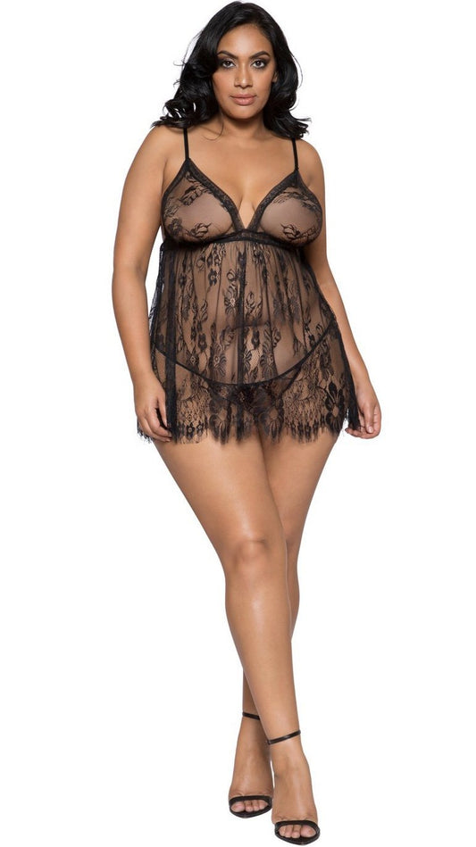 Elegant Eyelash Lace Babydoll With Panty (Black)-Lingerie-Boughie-Boughie
