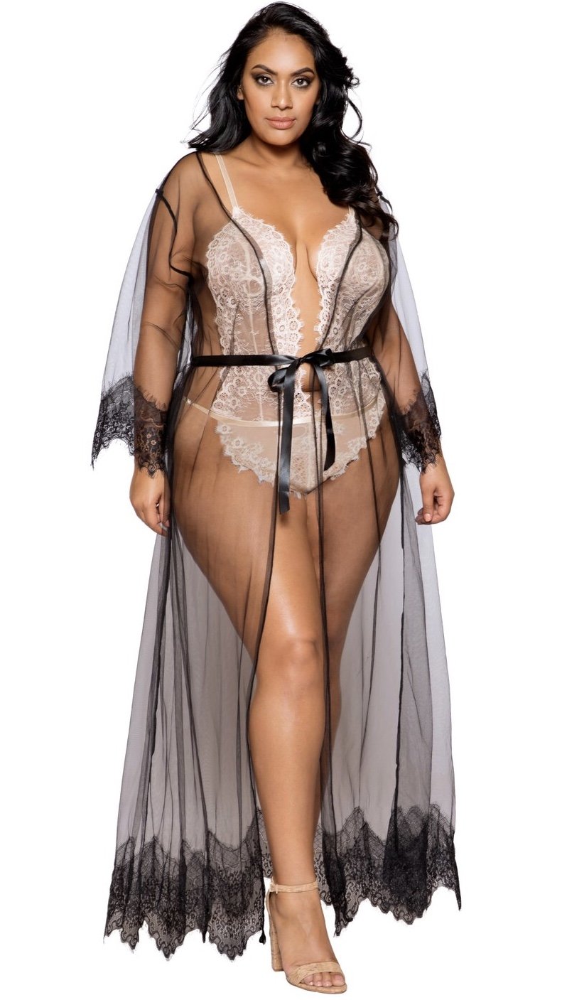 Elegant Sheer Maxi Length Robe with Eyelash Lace Detail (Black)-Lingerie-Boughie-O/S Queen-Boughie