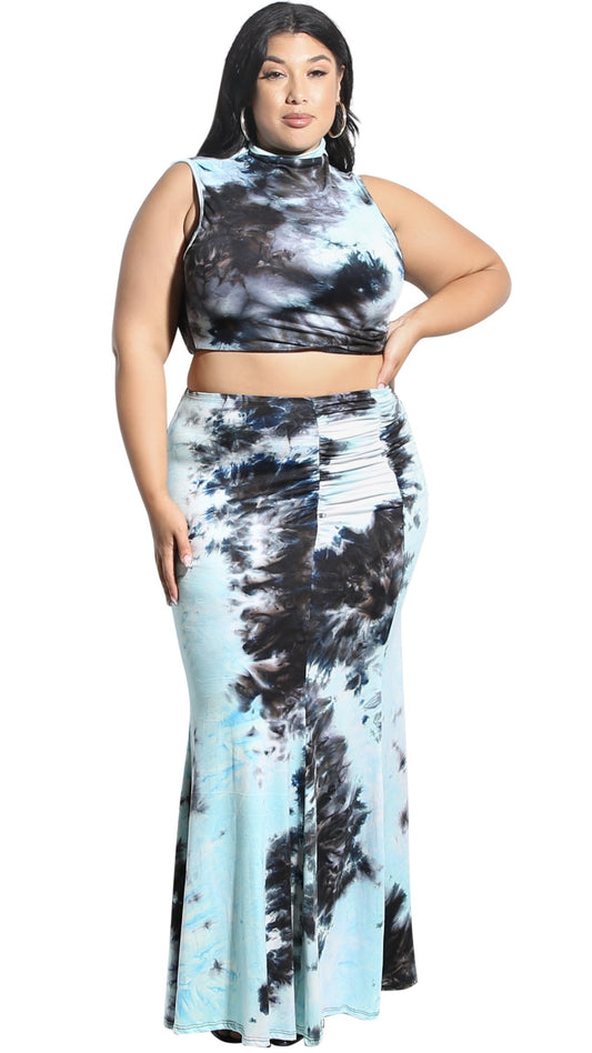 Fab 2Pcs Skirt Set (Blue/Black Tie Dye)-Skirt Sets-Boughie-Boughie