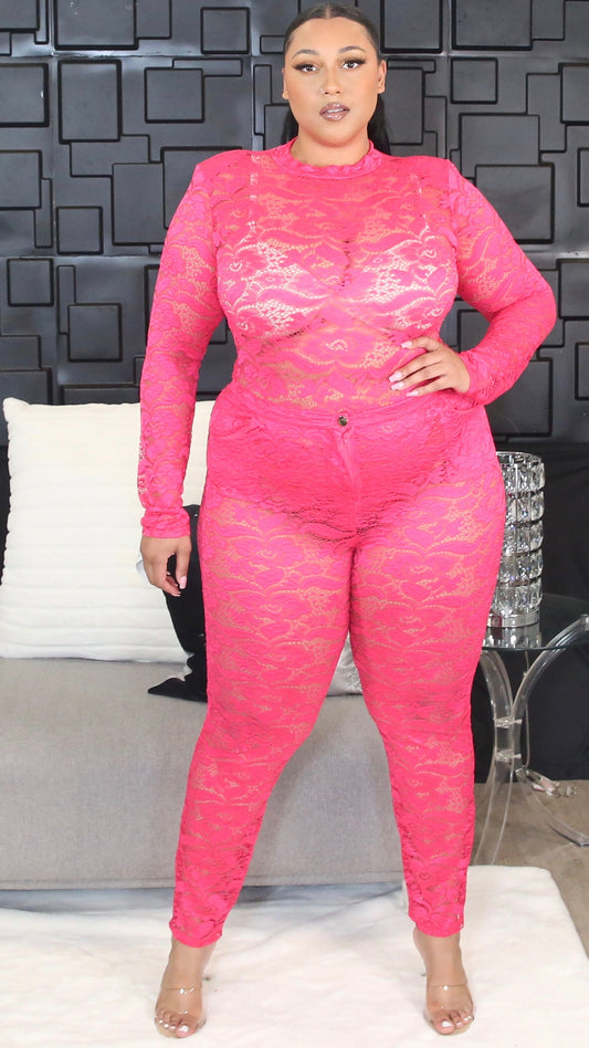 Laid Lace 2Pcs Pant Set (Pink)-Pant Sets-Boughie-Boughie