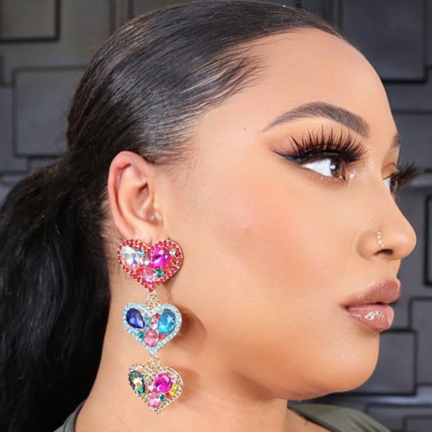 Triple Threat Rhinestone Heart Earrings (Multi)-Accessories-Boughie-Boughie