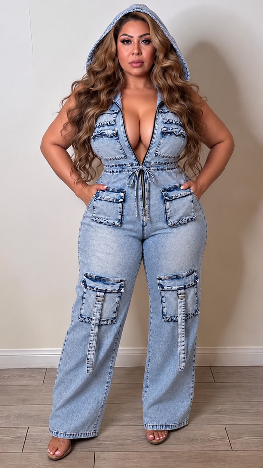 Let's Go Cargo Washed Denim Hooded Jumper