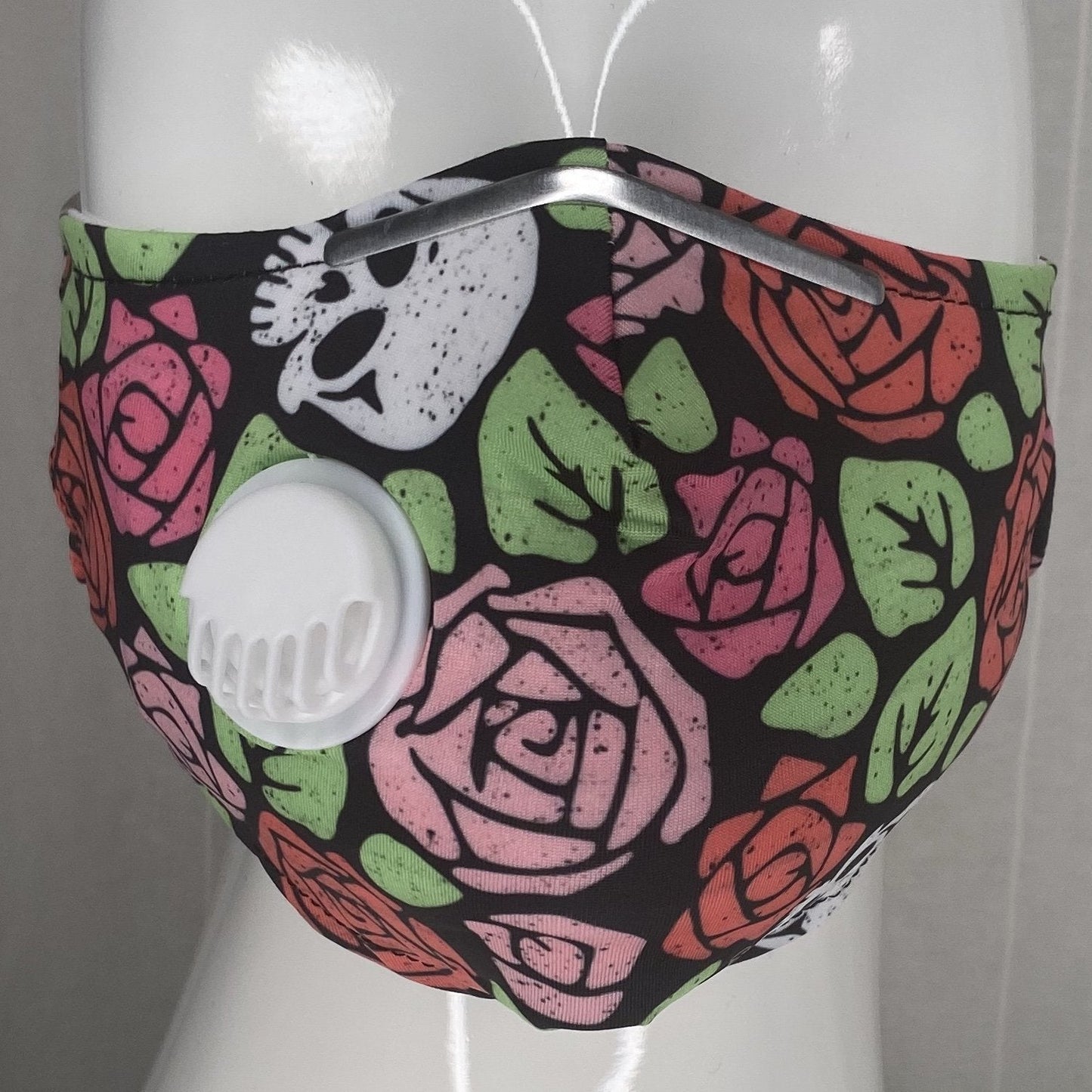 Respirator PM 2.5 Mask With Filter Pocket And 2 Filters (Rose And Skull Print) In Stock-Boughie Curves-Boughie