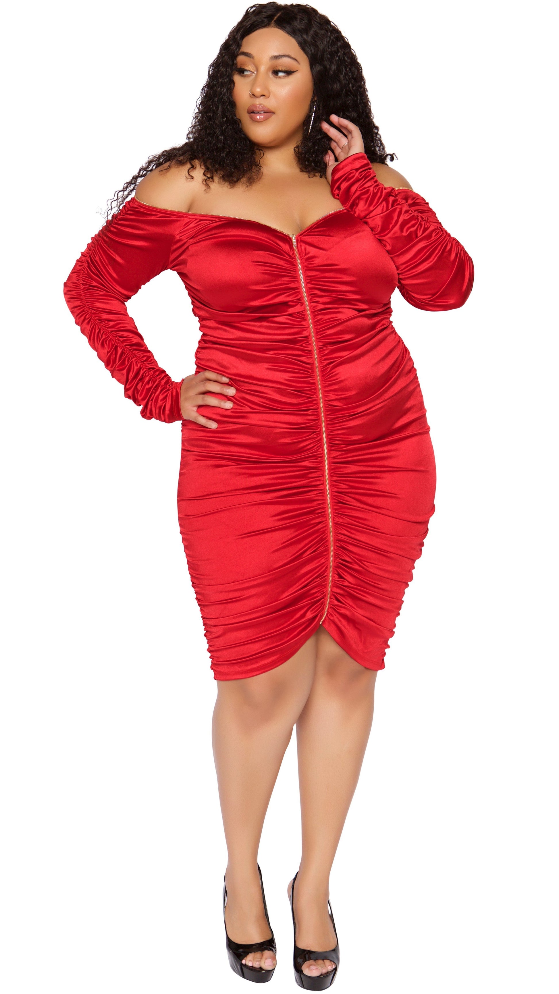Plus Size Mesh Ruched Long Sleeve Dress