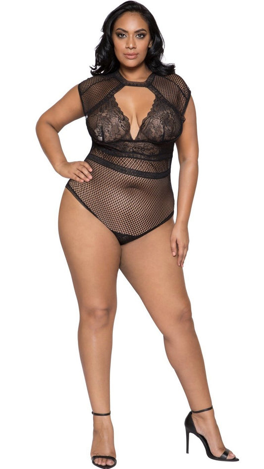 Cap Sleeve Keyhole Bodysuit With Snap Bottom (Black)-Lingerie-Boughie-Boughie