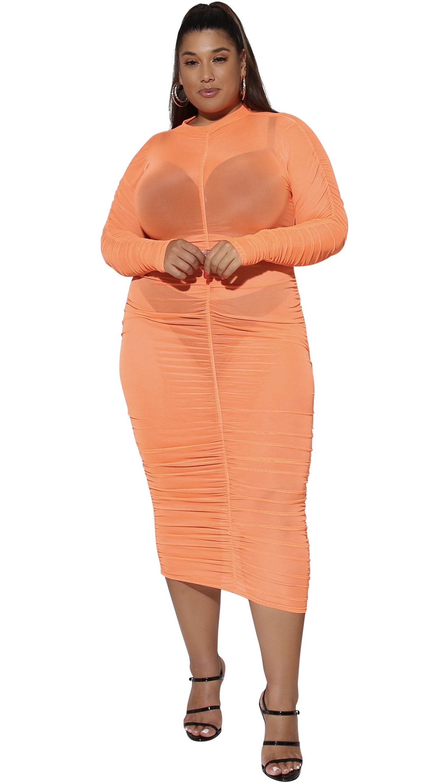Fine Tuned Mesh Dress (Neon Orange)-Dresses-Boughie-Boughie