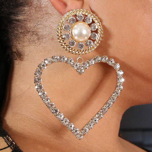 For The Love Of It Pearl/Rhinestone Heart Earrings-Accessories-Boughie-Boughie