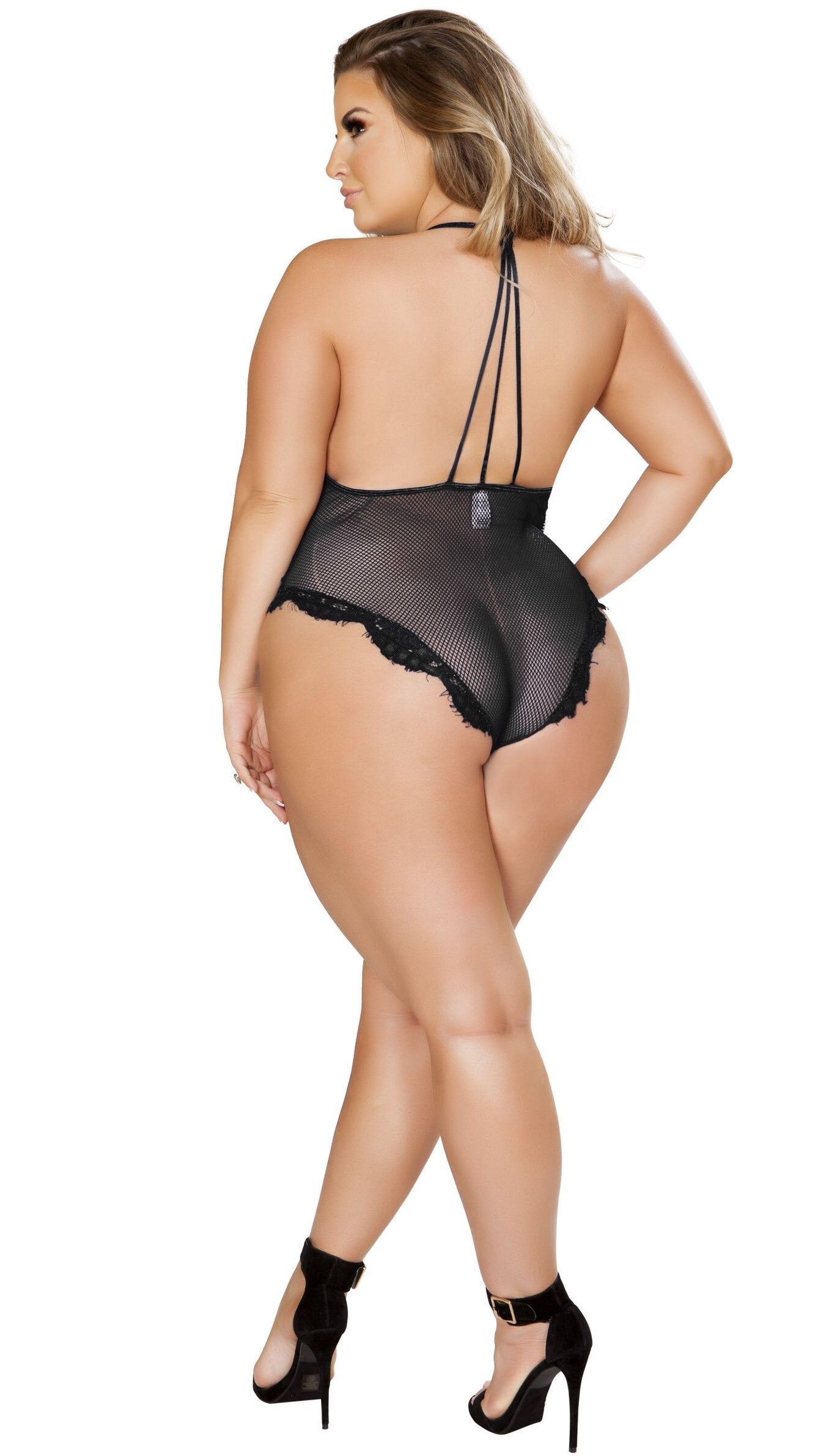 One Piece V-Shaped Eyelash Lace And Satin Teddy (Black)-Lingerie-Boughie-Boughie