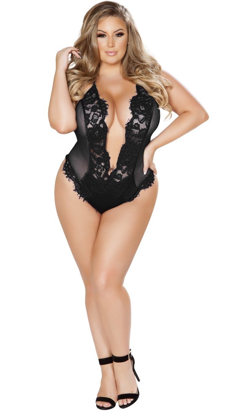 One Piece V-Shaped Eyelash Lace And Satin Teddy (Black)-Lingerie-Boughie-Boughie