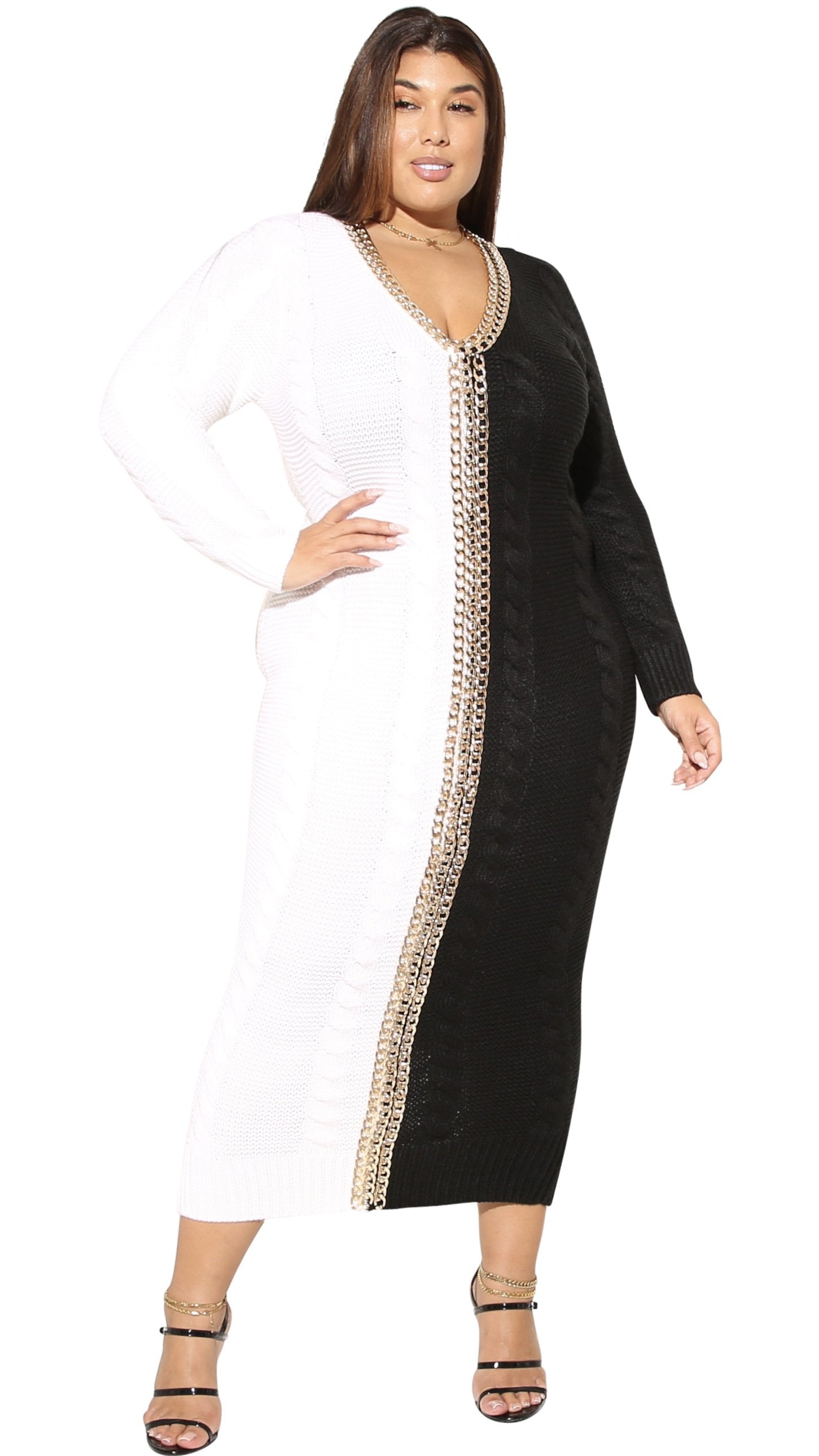 Sztori Plus Size Off White & Black Ecovero Tribal Print Maxi Dress