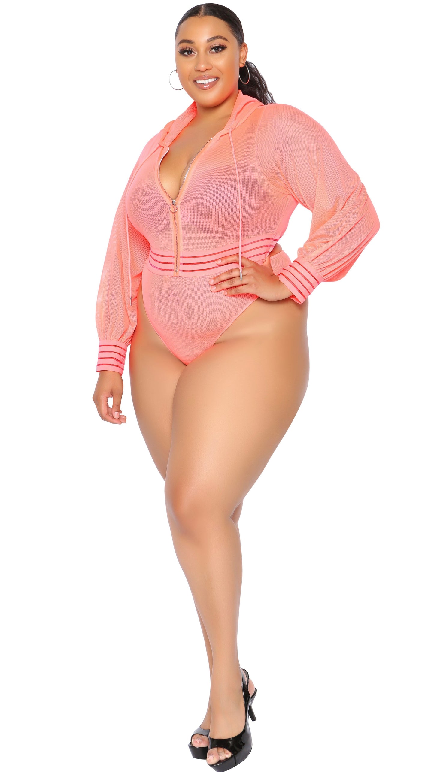 Too Much Sauce Hooded Bodysuit/Swimwear (Neon Pink)-Bodysuits-Boughie-Boughie